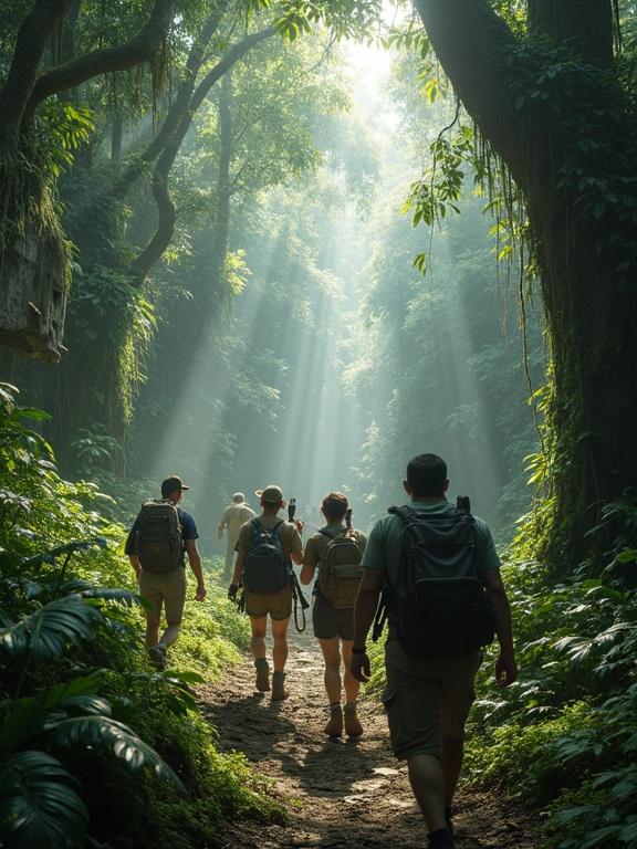 Cinematic jungle adventure with explorers in lush rainforest. Ancient trees and dappled light. Group in rugged gear with backpacks and machetes. Awe and tension on their faces. Navigating through dense vegetation and ruins. Hidden cave art revealed by flashlight. Humid atmosphere filled with sounds and mist.