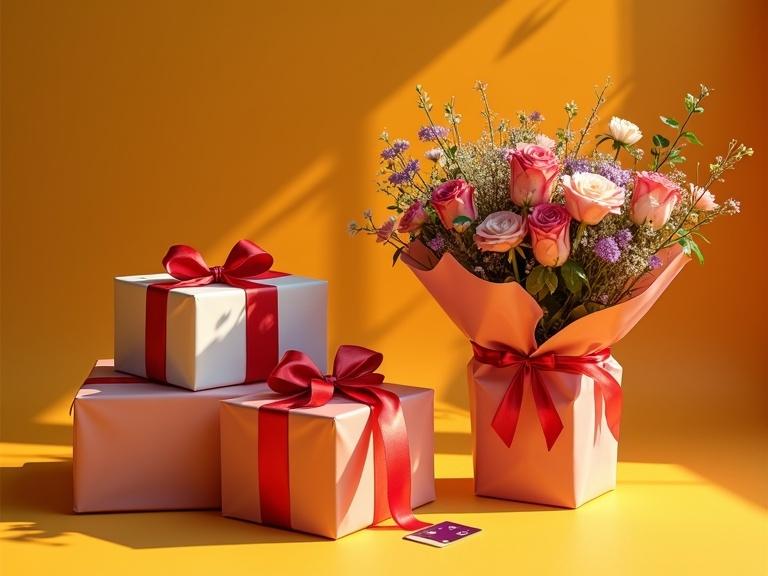 Still life arrangement featuring beautifully wrapped gifts and a luxurious bouquet on a bright yellow background. Bright warm atmosphere enhances the vibrant colors. Style is photorealistic.