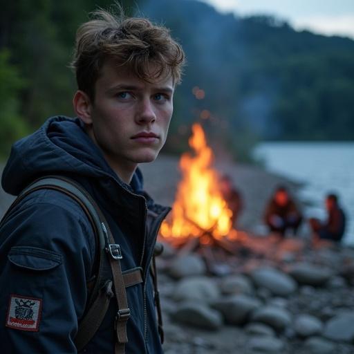 A young man stands at the river, serious expression, blue eyes, dark hoodie. Behind him, a group of friends laughs around a bright campfire. The flames cast moving shadows on the mossy rocks and trees. Evening sky is dotted with stars and clouds reflecting copper hues. 
