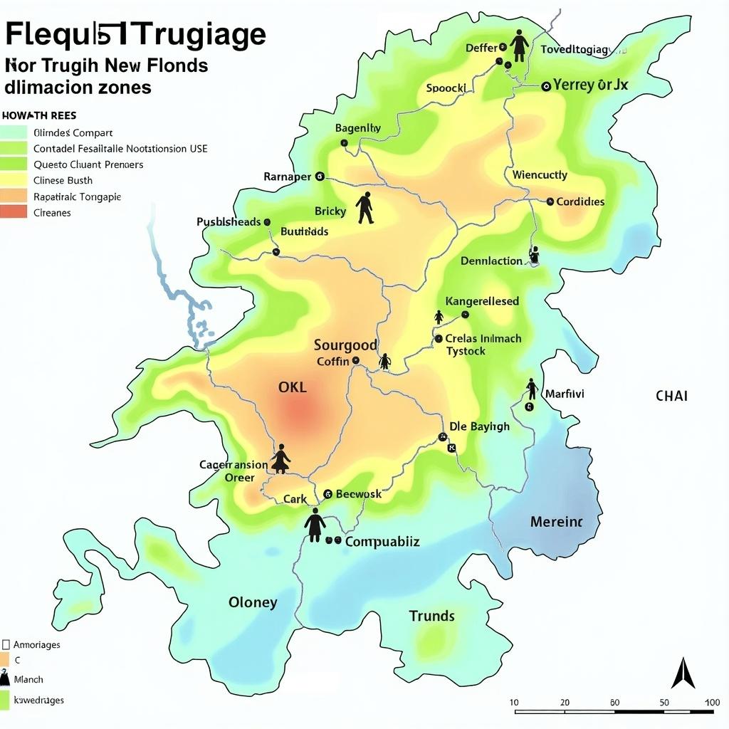 This is a colorful climate zone map of Taguig City, Manila, Philippines. It illustrates various regions characterized by different climate indicators. The map features notable areas marked throughout the city. It uses a vibrant and engaging color scheme to differentiate climate zones. The perspective is top-down, providing a clear layout of the city’s climatic regions.