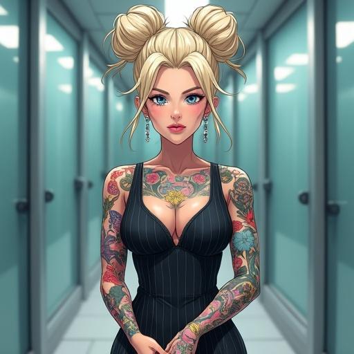 Anime inspired illustration of a woman in a luxurious restroom. She has frosted blue eyes and oversized blonde hair. Wears a pinstriped office dress and boasts colorful tattoos. Portray her edgy. The setting includes modern restroom elements around her.