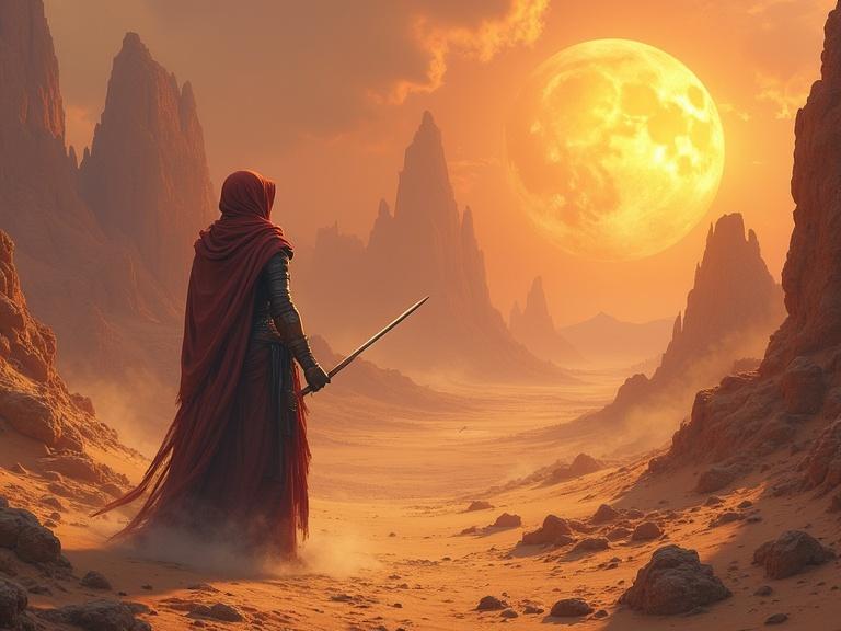 A lone figure in a red cloak stands in a vast desert landscape. The figure holds a sword, gazing towards a massive moon rising over dramatic rocky formations. The scene evokes a sense of adventure and mystery.