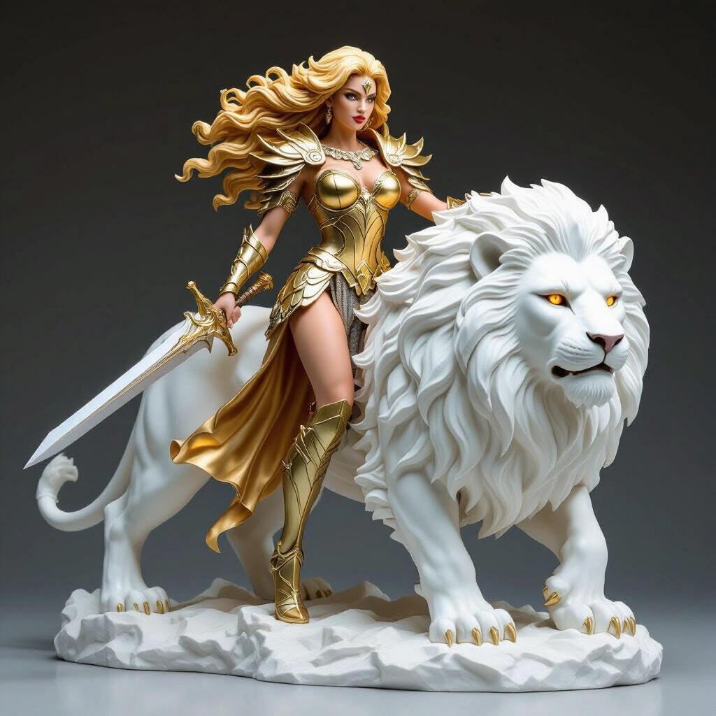 Resin sculpture of a goddess mounted on a giant white lion. Represents Leo. Majestic presence. Long wavy golden hair. Shining armor with claw-inspired details. Exposed legs elegantly. Large sword pointed down. Fierce proud expression. Lion has protective stance with glowing eyes. Mane like frozen fire. Connected to rocky base with solar symbols. Heroic pose with epic drama. High level of detail, semi-realistic fantastical style. Ideal for 3D resin printing.