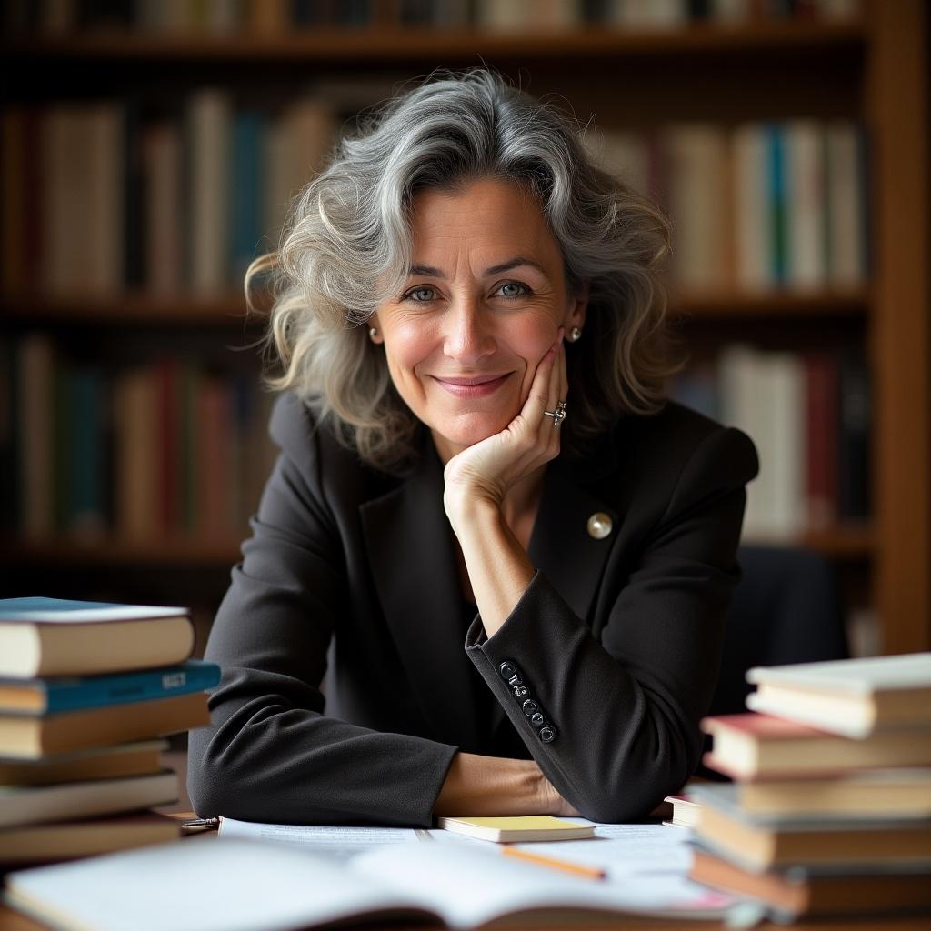 Person seated at a table with books in a library. Professional appearance. Thoughtful pose with hand on chin. Background filled with books.