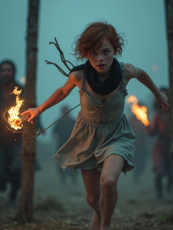 Photorealistic image of a frightened teenage girl running barefoot from a burning gallows. She has short auburn hair, pale skin with freckles, and pale blue eyes. Wears a torn dress and a black scarf. Magical blue flames in her hands. Rioters chase her with torches. Night setting with blue and orange hues.