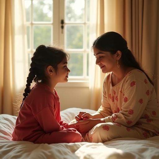 Softly lit bedroom during the afternoon. Daughter sitting sleepily in front of mother on white bedspread. Mother gently braiding daughter's damp hair after bath. Daughter in red and beige lounge clothes. Dabur Almond Hair Oil on nearby table. Window drapes letting in warm sunlight.