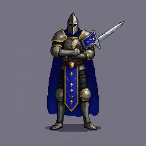 Pixel art of a knight in armor with a sword. The knight wears a blue cape and has silver armor. Standing in a strong pose.