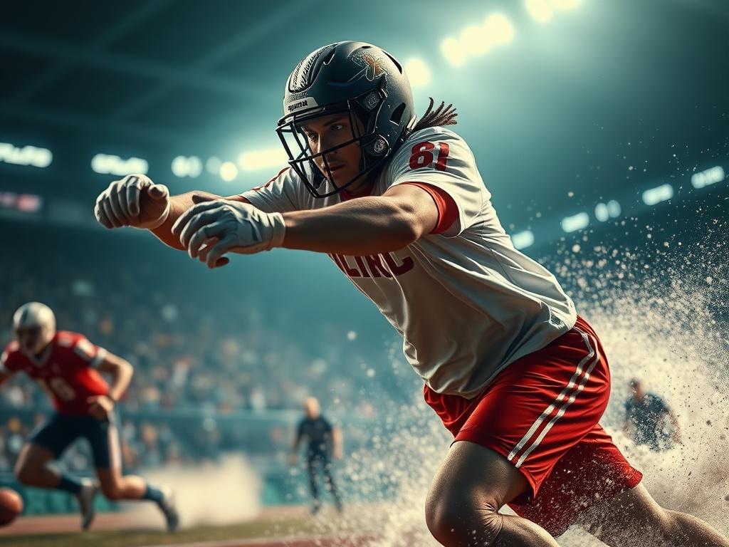 A dynamic action shot of a football player, dressed in a white jersey and red shorts, intensely diving forward on a football field under bright stadium lights, with other players in the background.