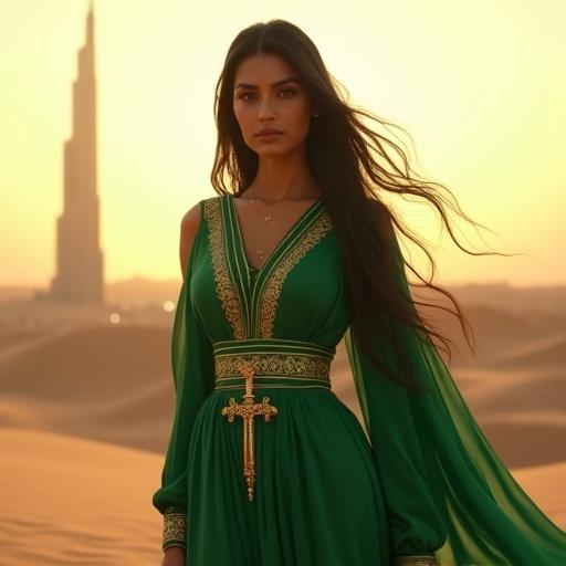 Hyper-realistic portrait of a Saudi woman in the desert near Riyadh during golden hour. Kingdom Tower in background. Woman has warm olive-brown skin, black hair, expressive eyes. She wears an emerald green gown with gold detailing and a green headscarf. Wind lifts the fabric. Soft dramatic lighting with deep shadows. Vertical 4K resolution.