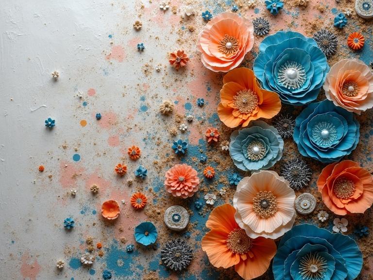 Colorful flowers made from paper arranged on a textured background. Various shapes and sizes of flowers in blue and orange. Elements like sand and glitter scattered around.