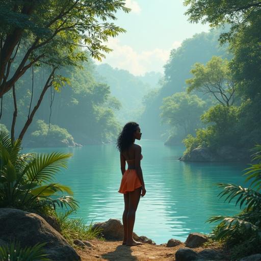 2D animation featuring a girl by a river in a jungle setting. The girl stands amidst lush greenery, with tropical plants surrounding a tranquil river. Sunlight breaks through the leaves, creating a serene atmosphere.