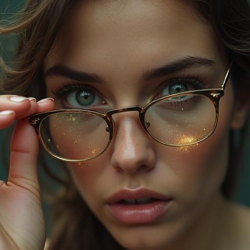 A close-up portrait of a woman in mid-motion. One hand lifts her glasses off her face. Her eyes glow faintly with magical energy. Soft lighting and gentle wind blow her hair. Arcane runes appear in her irises. Her expression is emotional and determined. A magical aura subtly emerges from her eyes. Skin texture looks delicate. The atmosphere is fantasy.