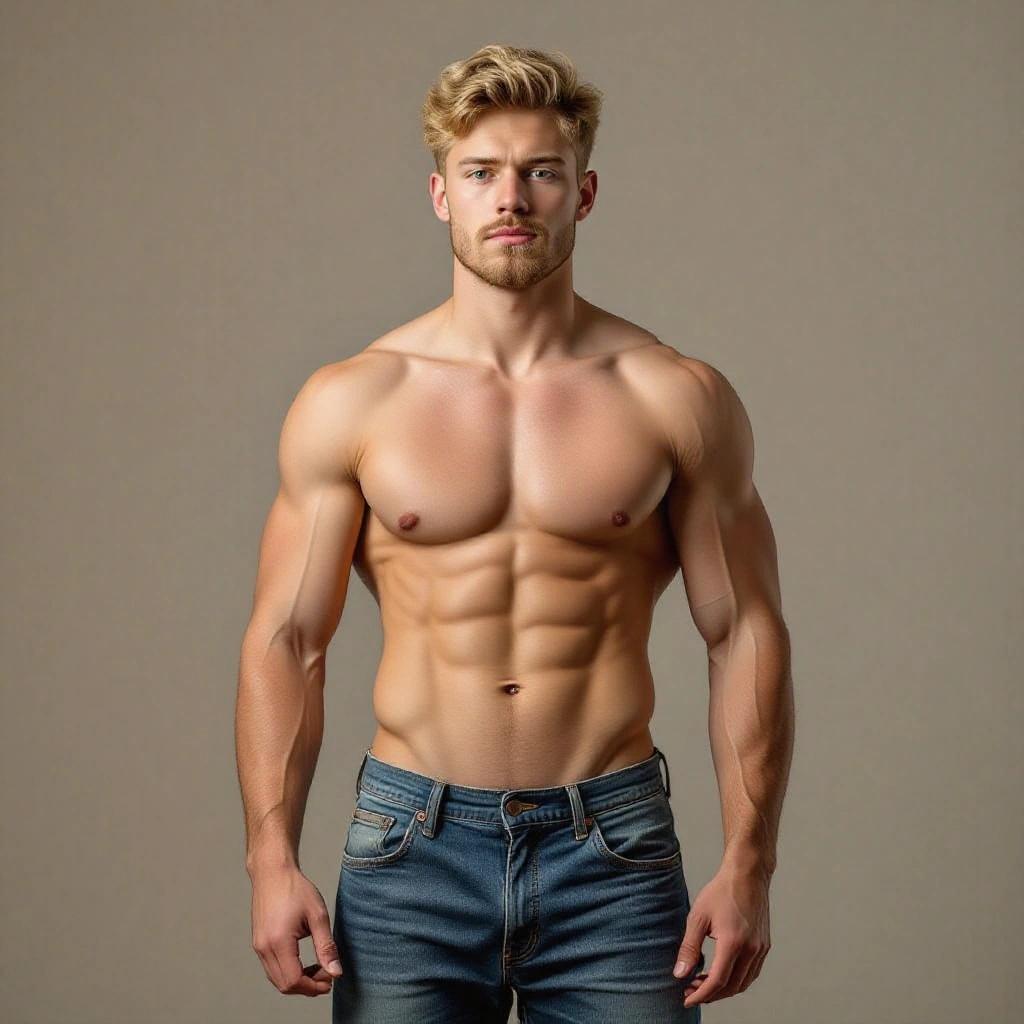 Full body image of a muscular man in casual jeans. Male model with blonde hair stands confidently. Focus on well-defined muscles and thick thighs against a neutral background.