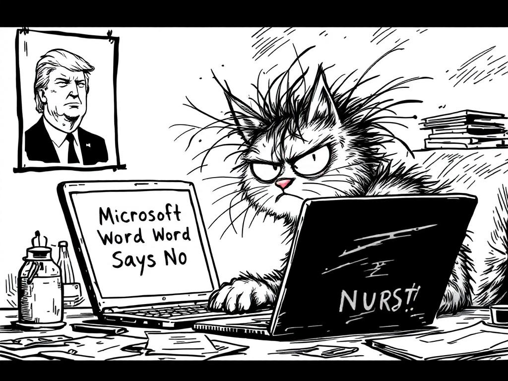 A cartoon depicts an angry cat with messy hair sitting at a cluttered desk. Sweat is visible on the cat's forehead. The laptop screen shows the words 'Microsoft Word Says No'. The desk has coffee stains and scattered papers. A poster of a prominent figure hangs on the wall.