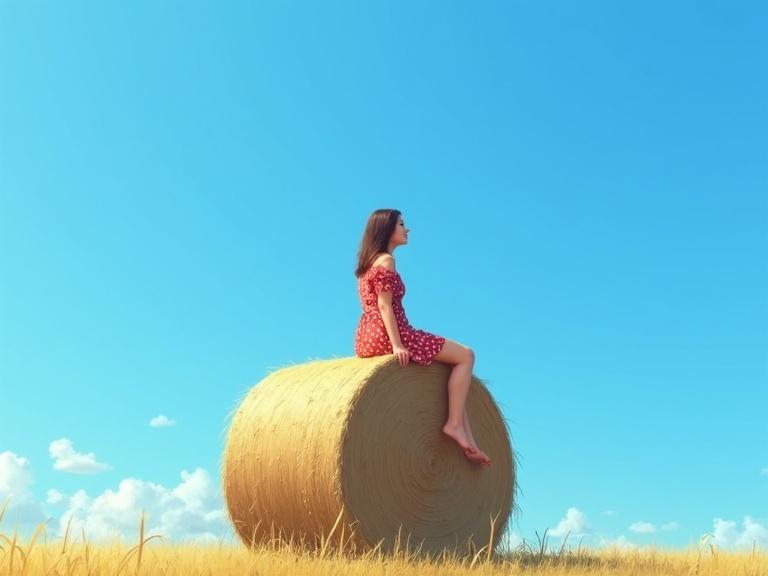 Serene rural-inspired artwork of a woman seated atop a hay bale under a blue sky. The scene conveys peace, stillness, and openness. A barefoot woman in a short red floral dress sits sideways on a large round bale. She gazes upward in contemplation. The hay bale is in the lower portion, with the woman near the top edge. The background features a clear blue sky with a few clouds, and strong sunlight casts shadows.