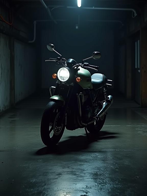 A Kawasaki H2 motorcycle positioned in a dark storage space with low light conditions. The image has high contrast highlighting the motorcycle.