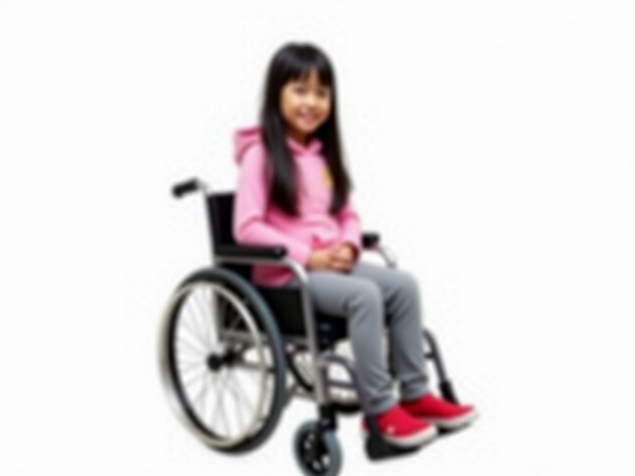 A 10-year-old Asian girl is sitting in a wheelchair. She has long black hair and is wearing a pink hoodie. The wheelchair is standard with a footrest and handrails. She has gray pants and red shoes on. The background is plain white, emphasizing her and the wheelchair.