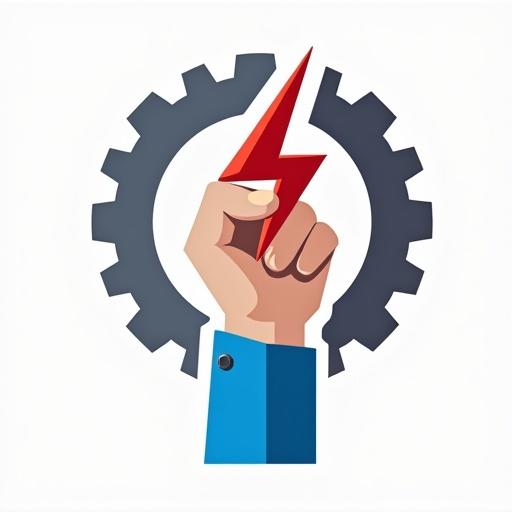 Design a flat vector logo featuring a hand gripping a red lightning bolt shaped like a wrench. Use blue for the hand and grey for an encircling gear. The composition should look modern and minimalistic.