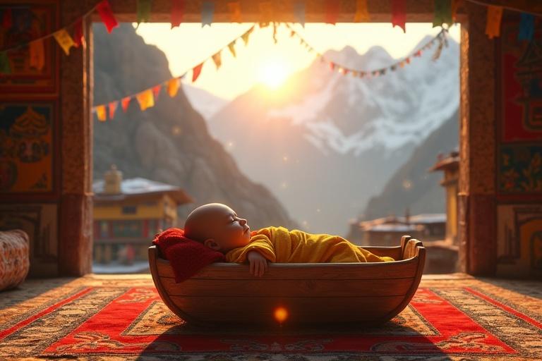 Serene scene of a quaint Tibetan village in a misty Himalayan valley during sunrise. A newborn baby lies in a wooden cradle in a cozy Tibetan home. Rich decorations with colorful tapestries and prayer flags. Snow-capped mountains visible in the background.