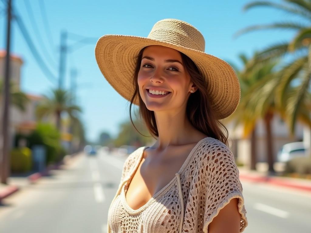 This image features a woman standing on a sunny street. She wears a large straw hat and a loose, knitted top. The background shows a clear blue sky and a few palm trees. The street is quite empty, indicating it may be a quiet area. The colors are bright and vibrant, suggesting a warm, pleasant day.