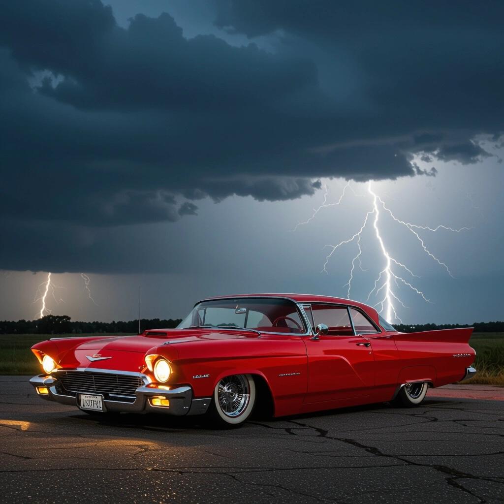 A parked red futuristic funny car. Low rider style with angular design. Scene at night with dark storm clouds. Lightning in the background creates an epic atmosphere.