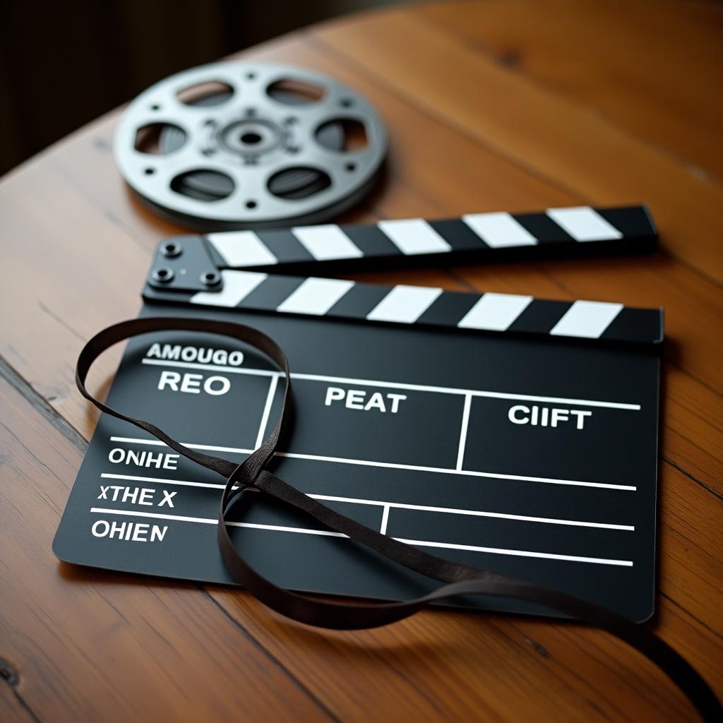 A film reel rests on a wooden table alongside a movie clapperboard. The scene emphasizes cinema and filmmaking.