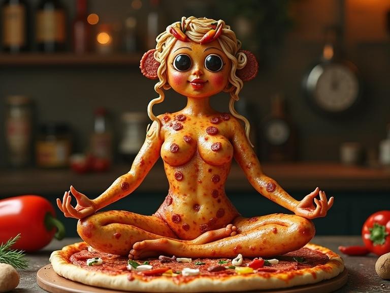 A whimsical character made entirely of pizza toppings sits in a yoga pose. The torso resembles crust while melted cheese forms the joints. Arms are pepperoni and fingers are bell peppers. The character has black olives for eyes and a tomato slice mouth with a chili tongue. Decorated with mushrooms onions and sausage like armor. Positioned heroically on a pizza peel over a rustic counter with scattered ingredients all around. Captured in warm playful detailed style.
