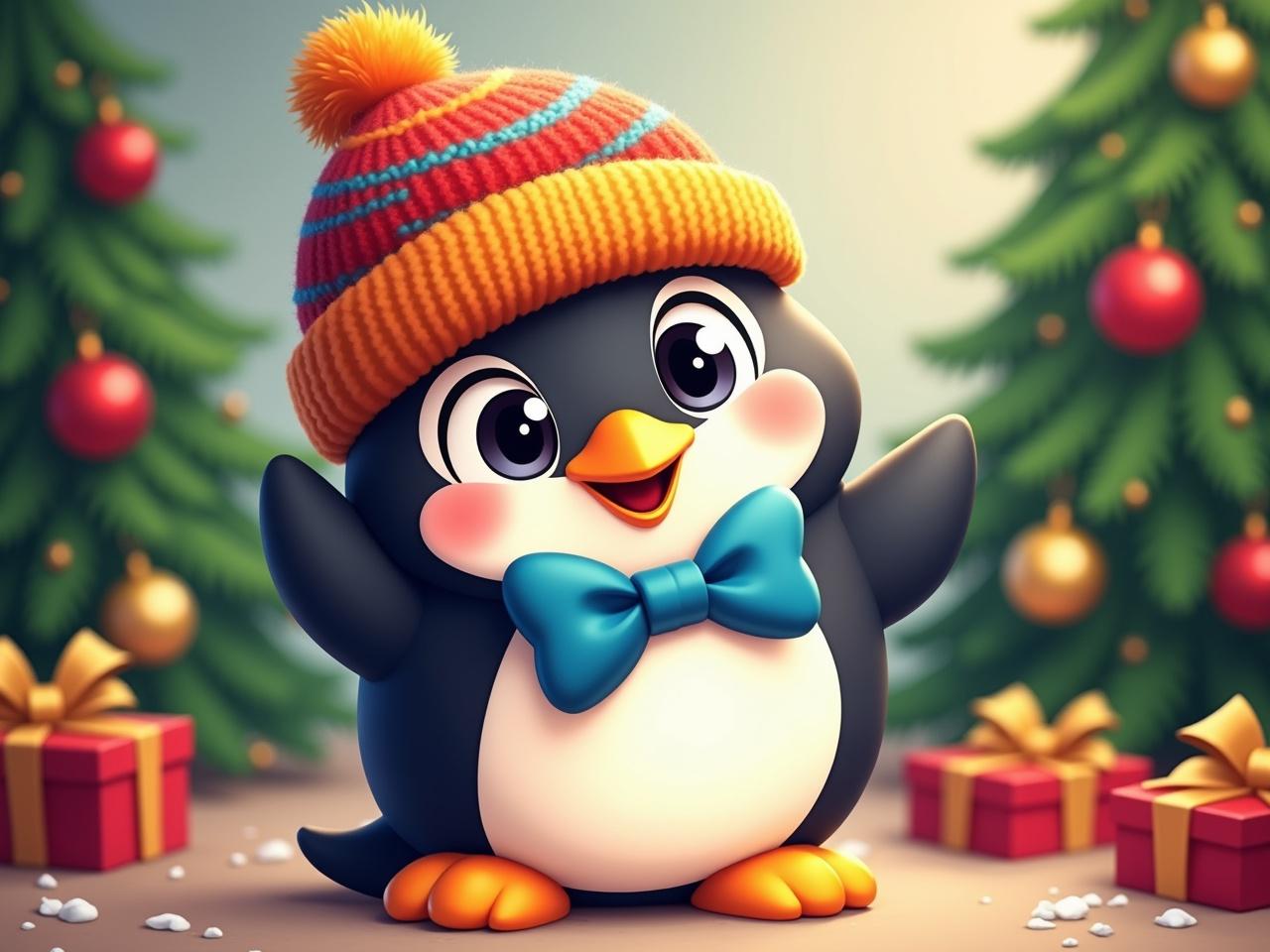 The image features a cute cartoon penguin wearing a colorful knitted hat with a pom-pom and a blue bowtie. The background is festive, adorned with holiday decorations like ornaments and Christmas trees. Red and gold ornaments hang from the greenery, with wrapped gifts scattered below. The penguin has bright eyes and a cheerful expression, embodying a playful holiday spirit. The overall vibe of the image is joyful and whimsical, making it suitable for a festive occasion.