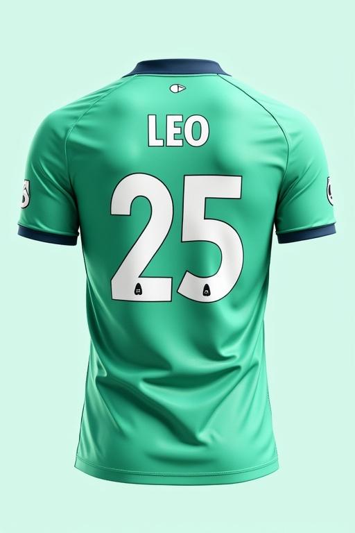 Football shirt design. Mint green base color with abstract patterns. White Nike swoosh on front. Back has name 'LEO' and number '25' in bold uppercase letters. Elements from PSG and FC Barcelona included.