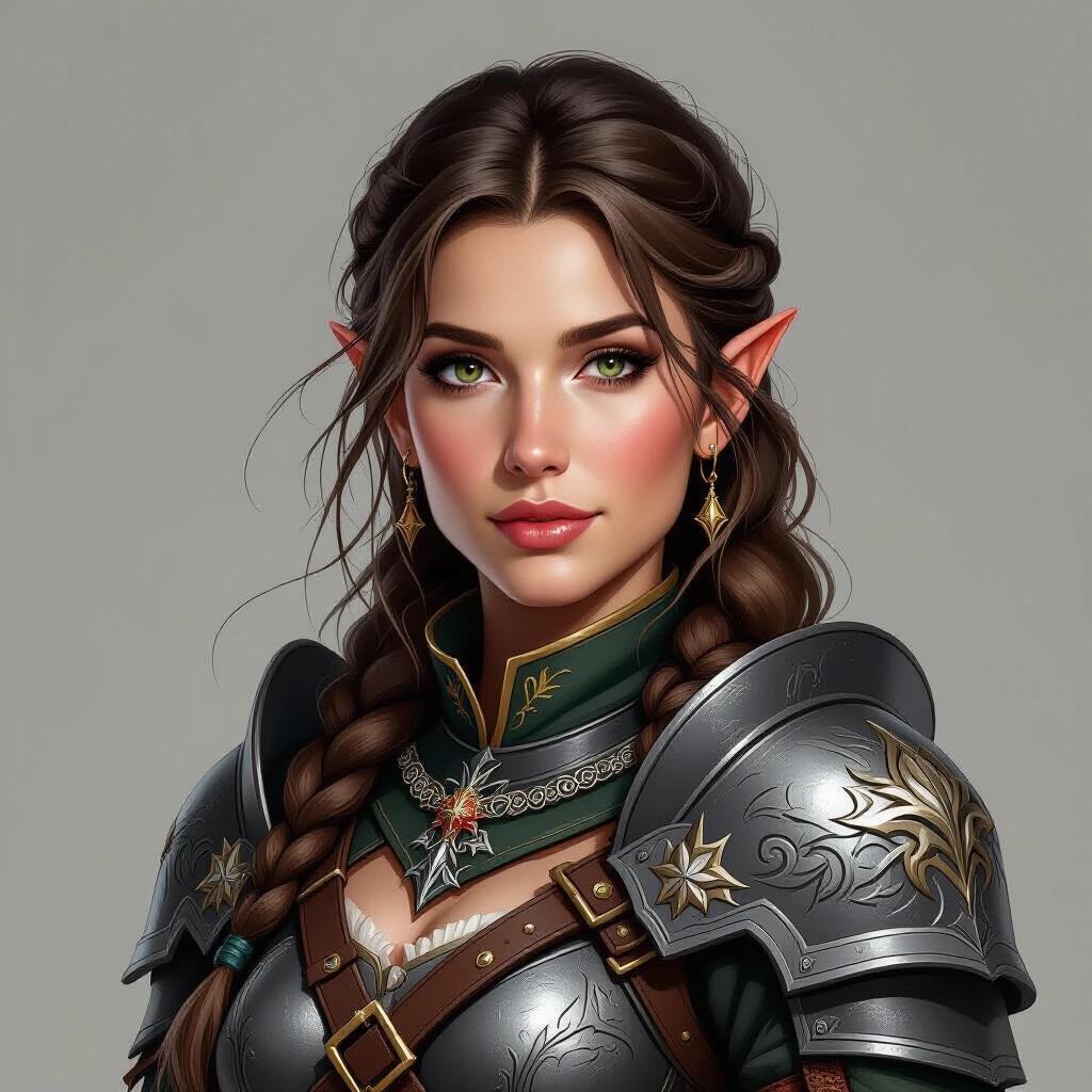 Fantasy themed image of a female dwarf warrior. She has dark braided hair and wears heavy iron armor. The background is grey. The character appears strong and ready for battle. This is a portrait style image.