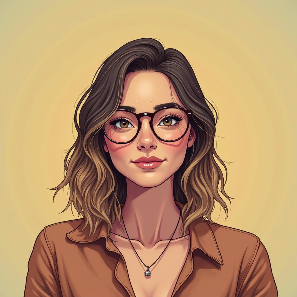 Illustration of a young woman with wavy hair. She wears glasses and a brown shirt. Background is a soft yellow. Prompt conveys a modern, casual style.