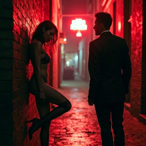 A sultry neon street in the Red Light District. A ladyboy in sequined fishnet stockings leans against a brick wall. She's mid-dance with a mix of allure and vulnerability. A man in a rumpled suit observes her with tension. The alley is narrow and filled with shadows, creating a striking atmosphere. Distant sounds of a patrol car add to the scene's suspense.