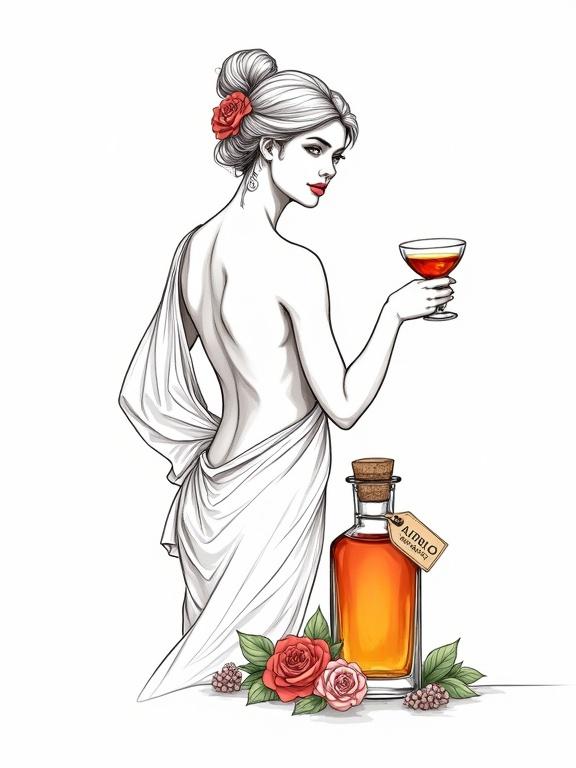 Highly detailed line art of a Venus-like goddess in mid-thirties. She is shirtless, viewed from behind, holding a small cocktail glass. Dress consists of a translucent silk wrap highlighting her curves. Flower behind her ear, golden-reddish lips. She gazes over her shoulder. A lower apothecary bottle nearby glows with golden-red liquid and has a cork lid with a tag saying 'ALFRUNO'. Surrounded by roses and green herbs.