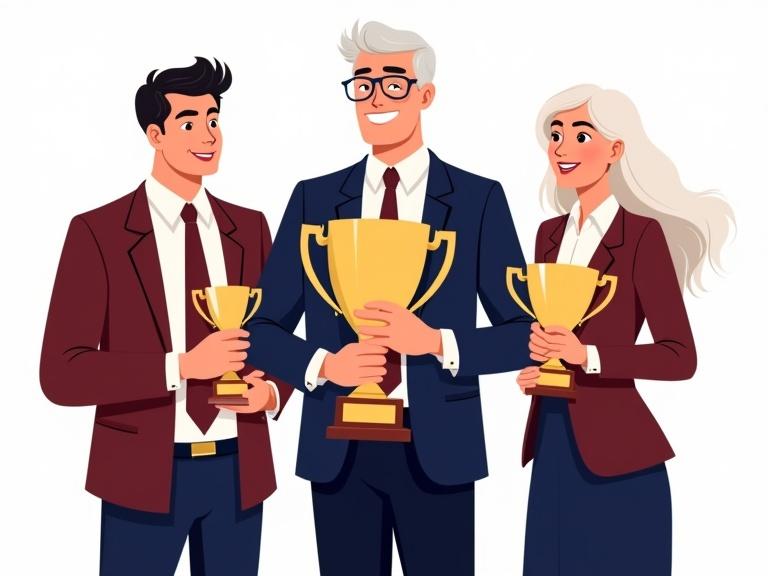 Illustration of three adults in professional business attire standing confidently and celebrating an achievement. Left: short fat man with wavy hair holds small trophy. Center: slim man with glasses holds large trophy with both hands. Right: young woman holds medium-sized trophy. All three are smiling. Cohesive colour palette with rich maroons and navy blues. Transparent background.