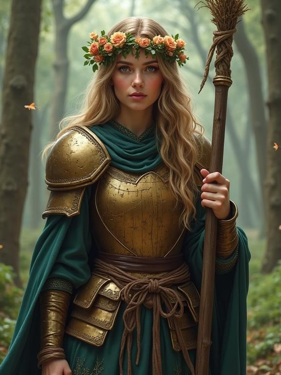 Digital painting of a female druid in armor with pine wood texture. She holds a long staff and wears a floral head wreath. Background has a forest setting and dreamy atmosphere.