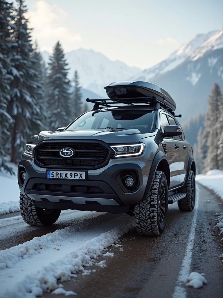 SUV parked on a snow-covered mountain road with an aerodynamic roof rack box. Snowy pine trees and majestic peaks visible in the background. Rugged tires indicate off-road capability. Winter atmosphere.