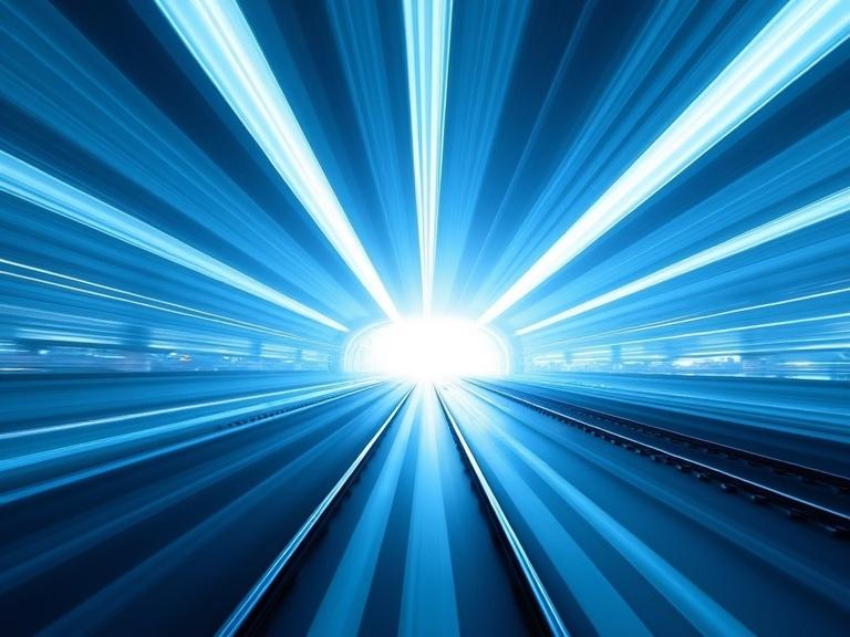 Abstract design of a rail tunnel. Motion lines in blue colors. Bright light at tunnel's end. Cityscape blurred by high speed.