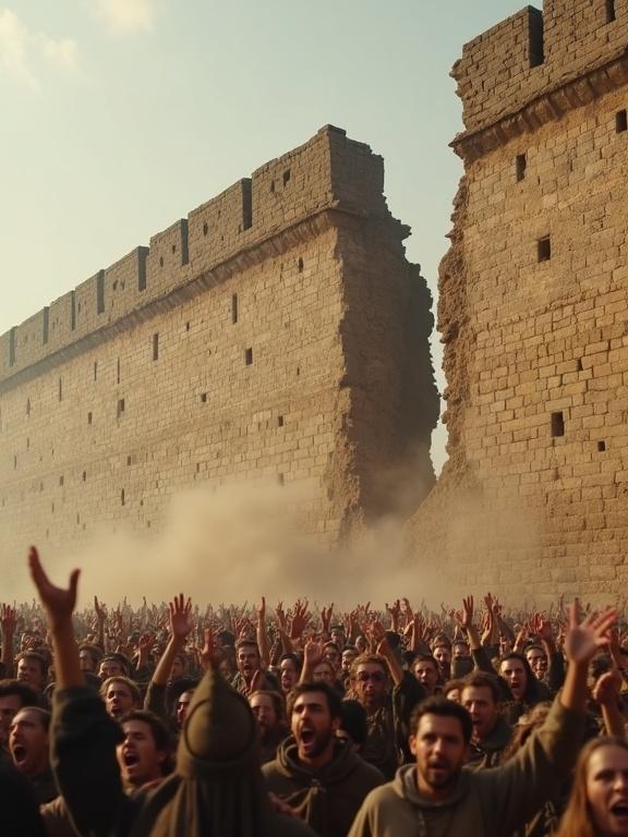 Cinematic style captures an ancient wall with a massive crack. Camera tracks back showing a vast celebrating army. The wall visibly crumbles in the background. Scene has natural lighting and high detail emphasizing destruction and reaction.