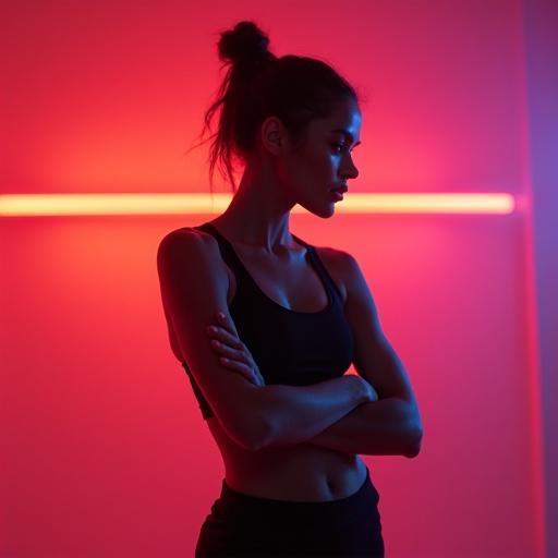 Fit woman poses with crossed arms. Vibrant glowing background. Neon lights enhance the scene. Emphasis on strength and confidence.