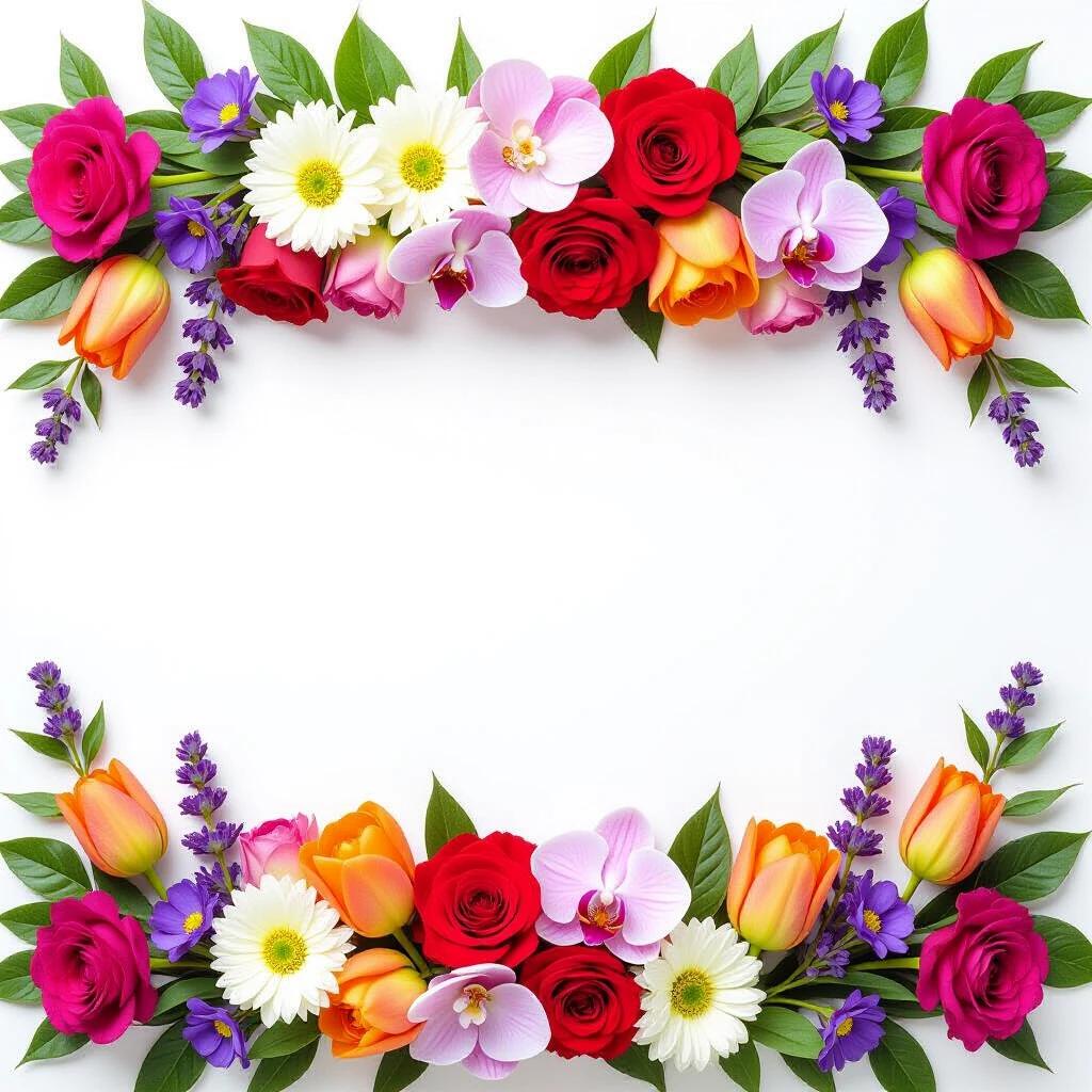 Long horizontal line of assorted colorful flowers. Includes roses tulips daisies orchids and lavender. Densely arranged with lush green leaves. Forms a decorative floral border. Transparent background PNG format.