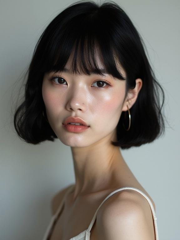 An elegant East Asian model with porcelain skin. She has a sleek jet-black bob hairstyle. The model's almond-shaped eyes have soft liner. Her lips are satiny nude. Brows are perfectly plucked. The model exudes a serene energy. Body language reflects poise. She embodies the authority of a Tokyo fashion editor.