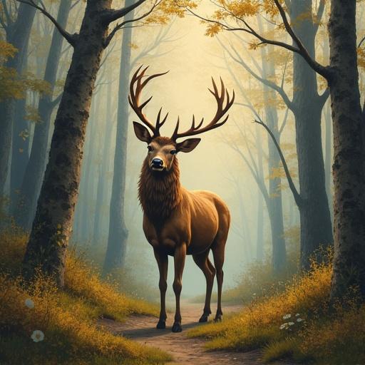 A majestic deer stands on a forest path. The setting has tall trees and a misty background. The colors are earthy and warm. The scene is peaceful and serene. The deer has impressive antlers.