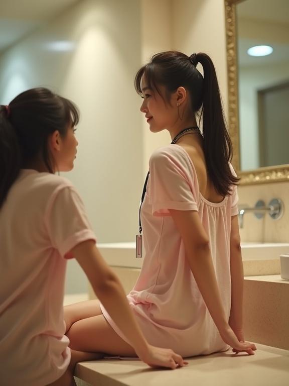 Ultra low angle shot of petite female. She wears sheer light pink linen t-shirt. Light cream bra subtly visible. Back bra strap shows. Sitting on mall counter with one leg crossed. Wearing heels. Hair tied back neatly. Name tag draped around neck. Engaging in conversation with a female friend who also appears. Bathroom softly lit enhancing atmosphere. Full body in frame.