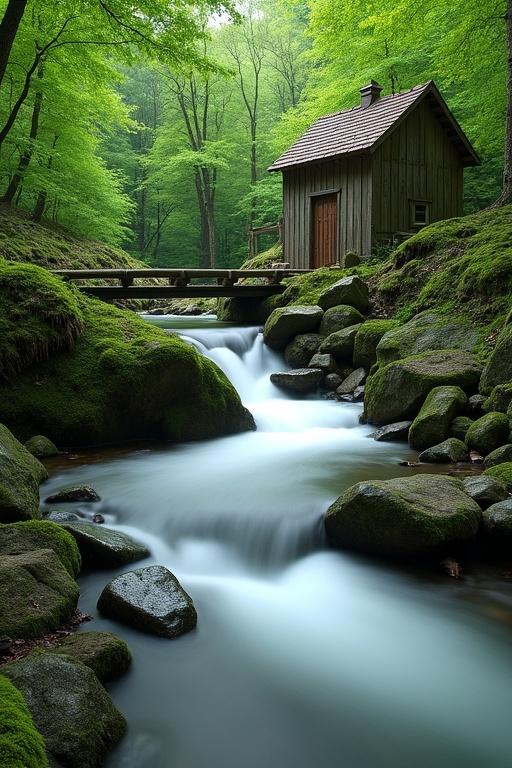Super realistic woodland stream with mossy rocks and lush greenery. Fast flowing clear stream with soft blurred motion. Large dark grey rocks speckled with vibrant green moss form stream bed. Gentle waterfall cascades over rustic wooden dam. Small wooden building with brown shingled roof in background. Dense forest canopy surrounds scene with vibrant green foliage. Natural light filters through trees creating peaceful atmosphere. Detailed texture of wooden structure and mossy rocks captured. Photorealistic landscape style highlighting smooth motion of water. Muted cool tones emphasize greens and browns.