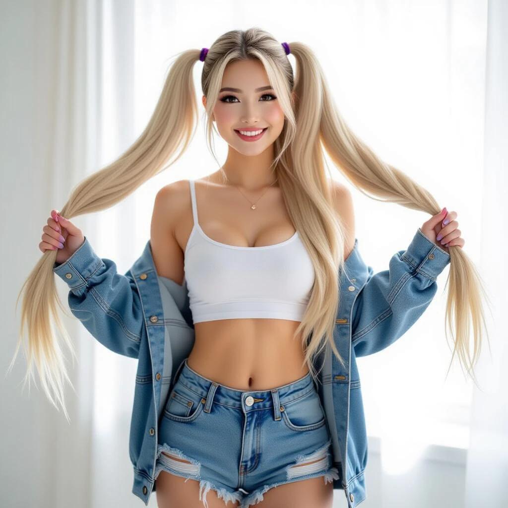 Blonde woman wears booty shorts and a denim jacket. She has two long ponytails. Bright indoors with natural light. The focus is on her outfit and hairstyle. Her smile is cute and inviting.