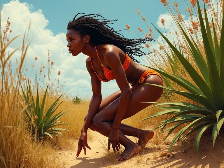 A woman crouches in a savanna. She wears a bikini and has long hair. Surrounding her are blooming plants and grass. The scene features dramatic lighting and vibrant colors typical of African landscapes.