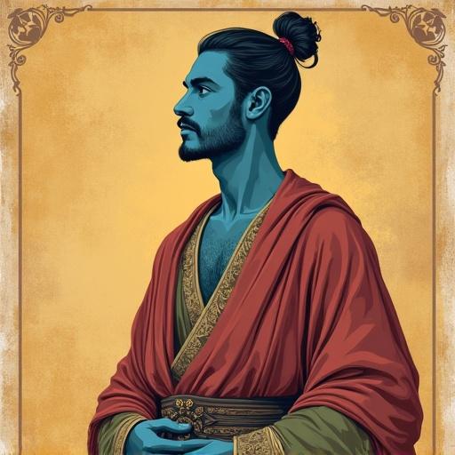 Vintage artwork featuring a man with blue skin in ancient clothing. Background has muted tones resembling an old manuscript. Man stands with a historical hairstyle and outlined eyes. No contemporary elements, only vintage style with gradient colors.