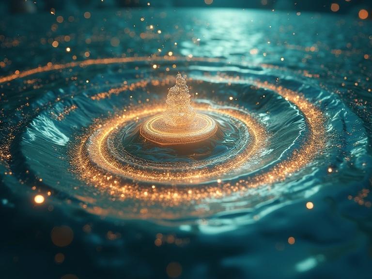 A spectacular, photorealistic visualization in 16:9 format. Centered image with circular waves emanating from an old computer and a GPS satellite, symbolizing time and history. Waves overlap and grow, showcasing stylized people, cities, and technologies evolving from the 70s to today. Time-lapse scene with dynamic, glowing wave movements. Bright light design emphasizing wave rings and technological artifacts. Color palette: strong blue, bright gold, rich green. Atmosphere: exciting, visionary, filled with energy and societal dynamics.