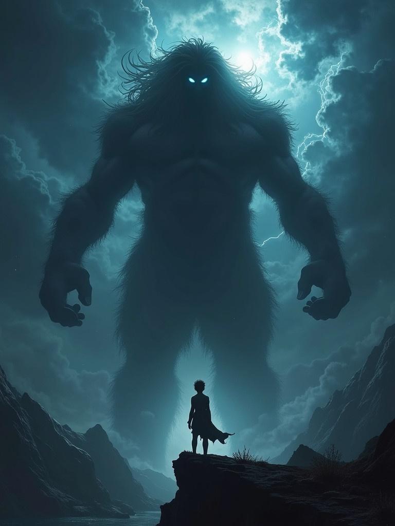 A suspenseful scene depicting a young god named Zagreus on a cliff. Storm clouds swirl above; lightning flashes across the sky. Colossal Titans descend from the heavens, looming over him. Their malevolent glowing eyes pierce through darkness. Zagreus appears small yet powerful, reflecting both fear and determination. The surrounding landscape is dark and chaotic; the storm symbolizes impending conflict.