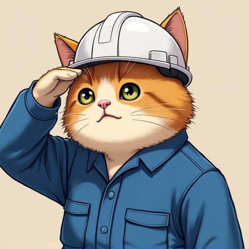 Realistic cat wearing safety helmet and work uniform scratching head with worried expression in side view inspired by Genba Neko style.